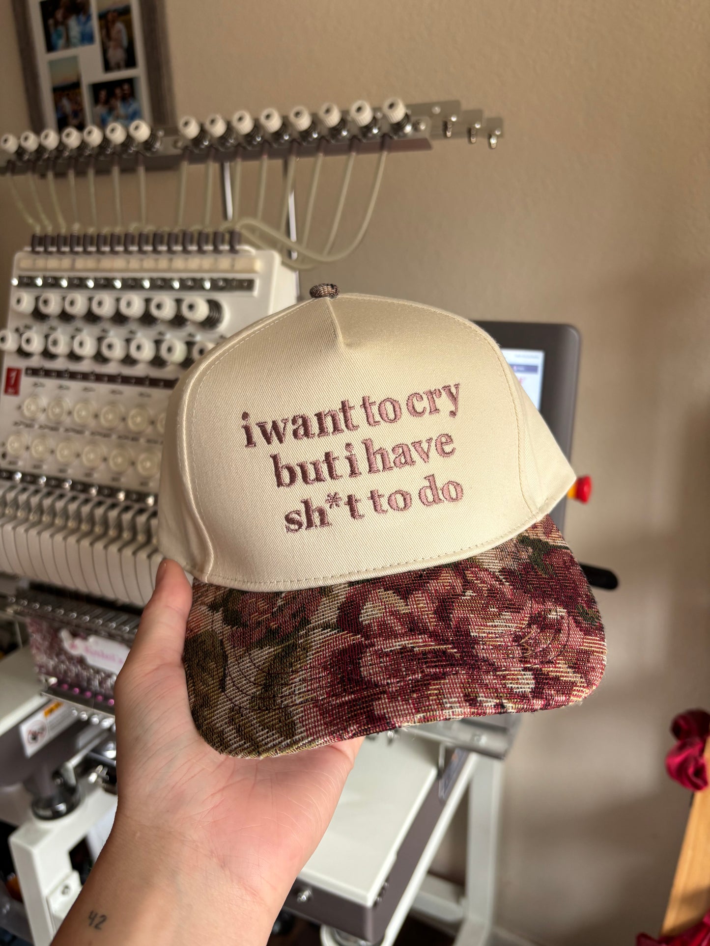I want to cry mauve floral hat