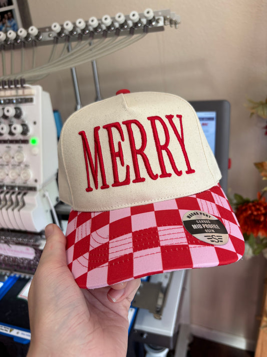 Merry pink/checkered and cream hat