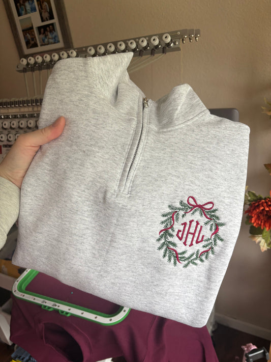 Wreath monogram 1/4 zip